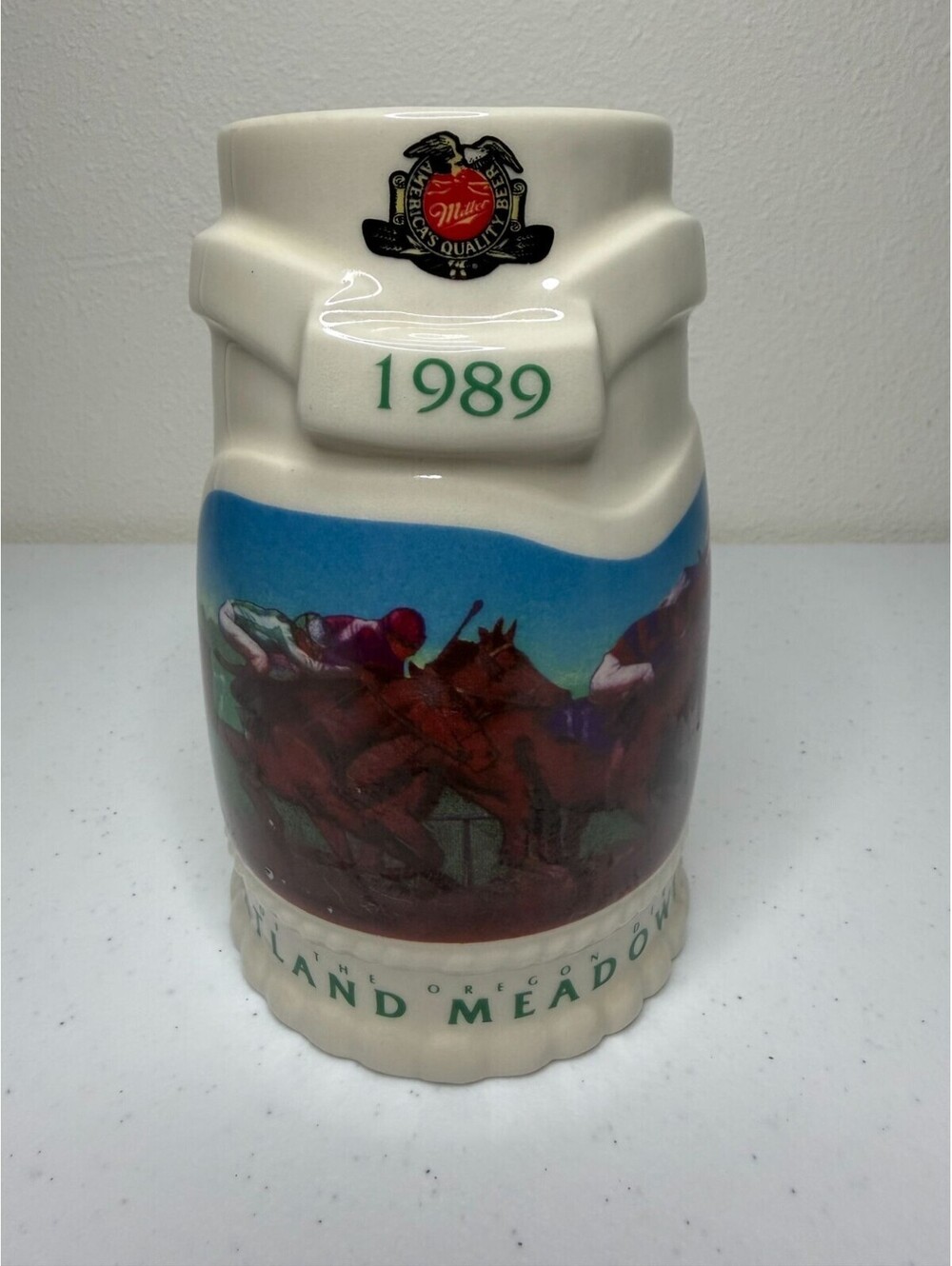 VTG 1989 Miller High Life Portland Meadows Oregon Derby 16oz Beer Stein
